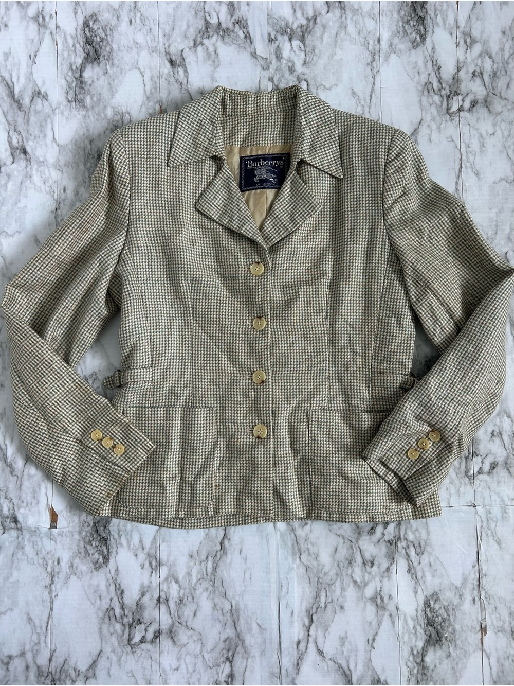 Vintage 90s Burberrys 2 piece set Skirt Suit hounds tooth 100% linen with FLAWS - Picture 2 of 16